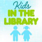 An icon of two children holding hands with the text Kids in the Library