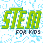 Background of science icons with wording STEM for Kids over the background