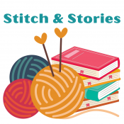 Image of yarn, knitting needles and books with worlds stitch and stories