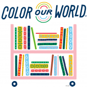 Color our World above a bookcart full of colorful books.